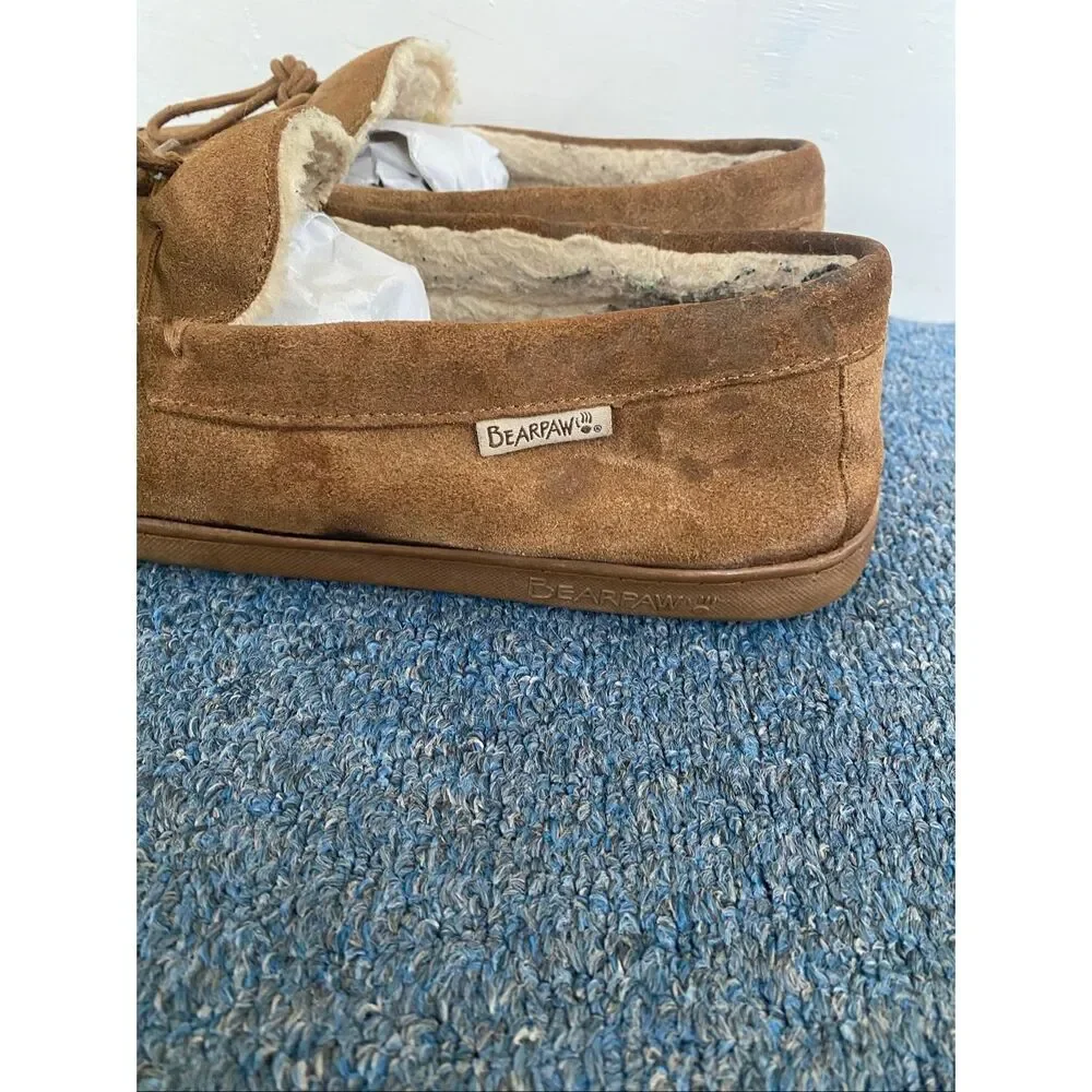 Bearpaw men 13 slip on suede moccasins w/tie laces tan